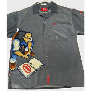 Ecko Unltd Mens Mindquarters Graphic Vintage Y2K Polyester Camp Shirt Grey XL